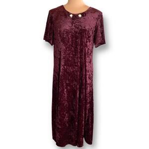 Vintage 90s Burgundy Crushed Velvet Midi Dress Floral Neckline Dark Romance